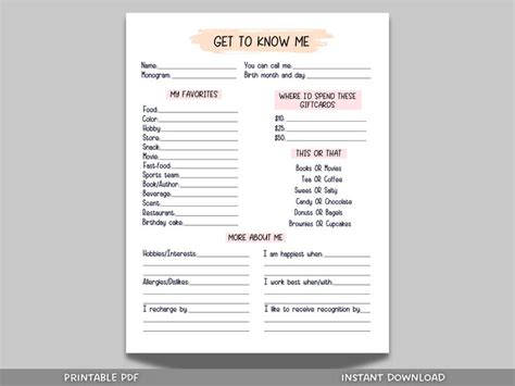 Coworker Questions Printable All About Me Employee Questionnaire