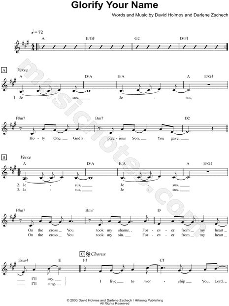 Hillsong "Glorify Your Name" Sheet Music (Leadsheet) in A Major ...