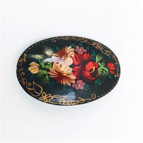 Vintage Hand Painted Floral Lacquer Brooch Gem