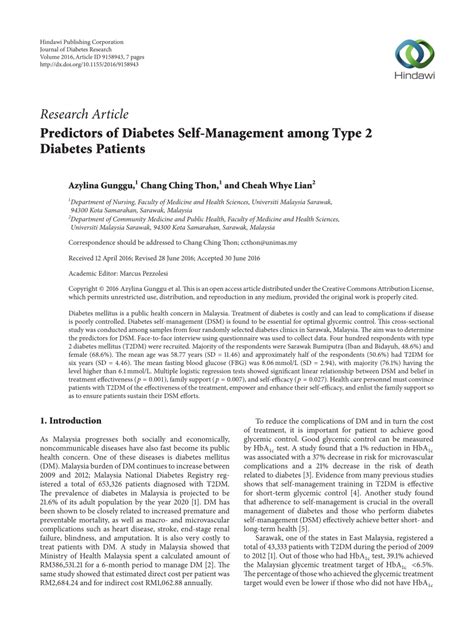 Pdf Predictors Of Diabetes Self Management Among Type 2 Diabetes Patients