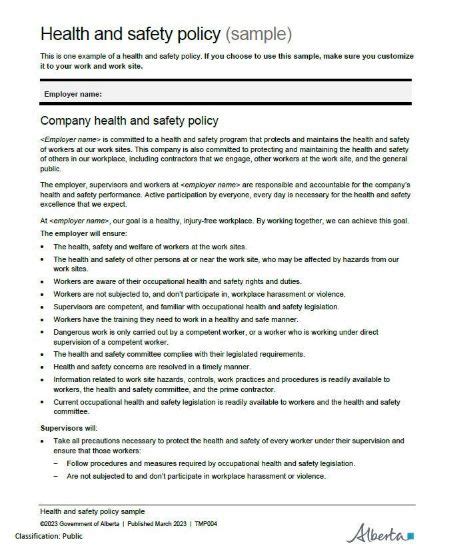 Ohs Resource Portal Health And Safety Policy Sample