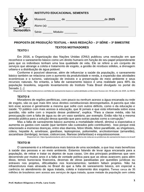 Redação Sobre Saneamento Basico - Proposta de Redação - Saneamento Básico | PDF | Saneamento