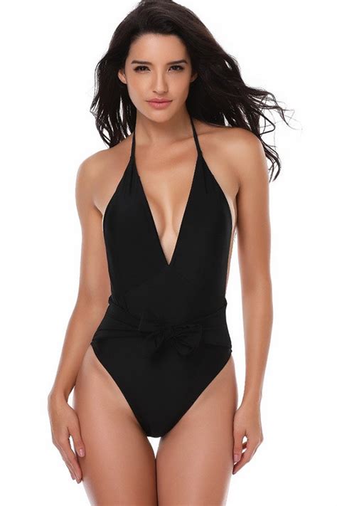 Backless One Piece Swimsuit With Halter And V Neck