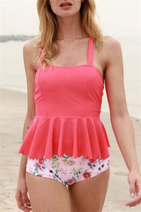 Peplum Waist Flower Print Tankini Set Beachsissi Bathingsuits Bathing