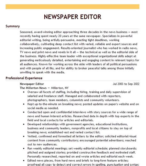 Newspaper Editor Resume Example