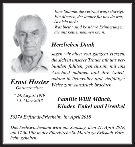 Traueranzeigen Von Ernst Hoster WirTrauern