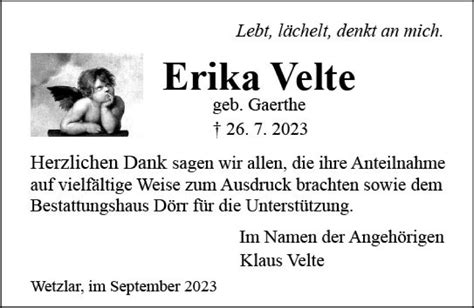 Traueranzeigen Von Erika Velte Vrm Trauer De