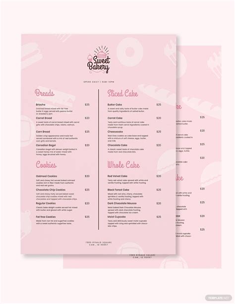 Sweet Bakery Menu Template In Pages Publisher Illustrator Psd Word