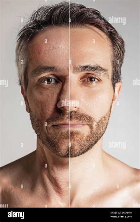 Closeup portrait of mature man in two age stages. Maturity and old age. Face skin and hair aging ...