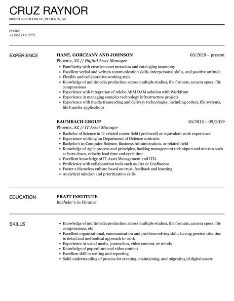 Asset Manager Resume Samples Velvet Jobs