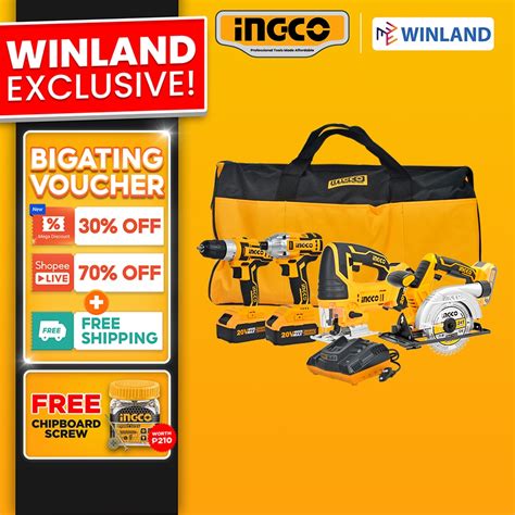 Ingco By Winland Lithium Ion Cordless 4pcs Combo Jigsaw Drill Impact