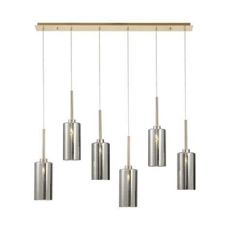 Fabula Tamworth 6 Light Linear Pendant Tall Cylinder Shades French Gold And Chrome Lined Glass