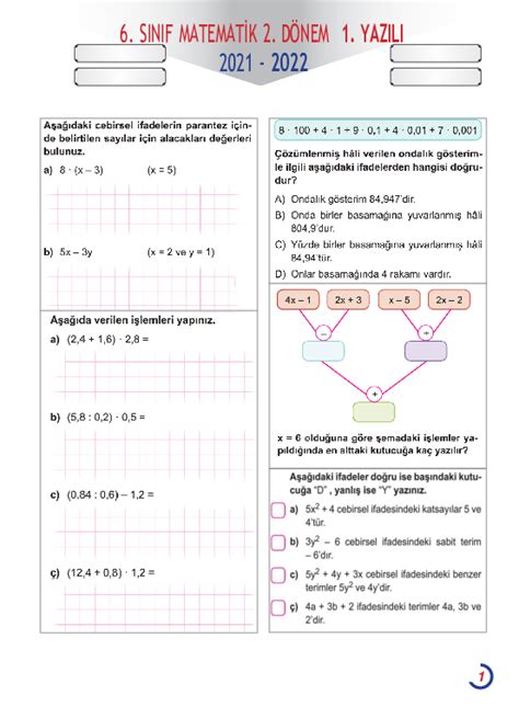 6 Sınıf Matematik Matematik 6 Sınıf 2 Dönem 1 Yazılı Yazılı Örneği