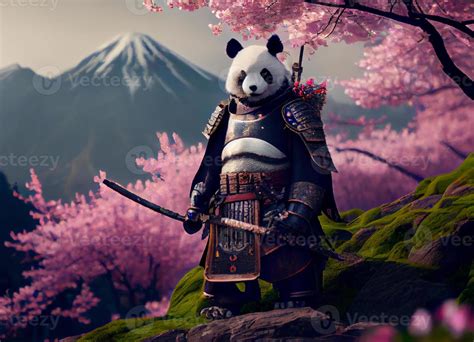 Panda Samurai And Cherry Blossoms On The Mountain Ai Generated