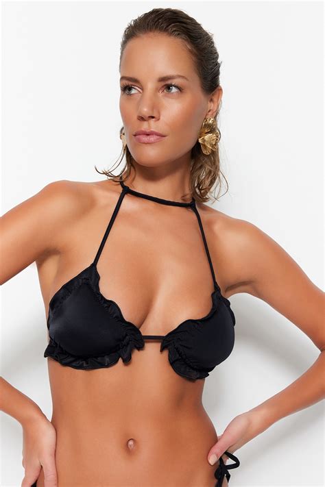 Trendyol Collection Black Triangle Ruffle Bikini Top Tbess Bu