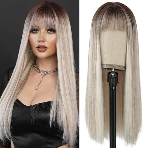 Amazon BOGSEA Ombre Ash Blonde Wigs With Bangs Blonde Long Wig For