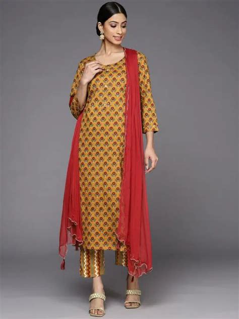 Buy Ksuthouse Of Varanga Women Mustard Yellow Ethnic Motifs Printed Pure Cotton Kurta With