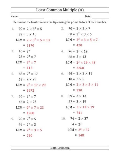 Least Common Multiple Worksheet