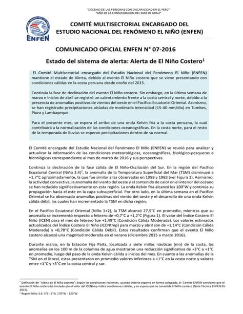 COMUNICADO OFICIAL ENFEN N 07 2016 Estado Del Sistema De