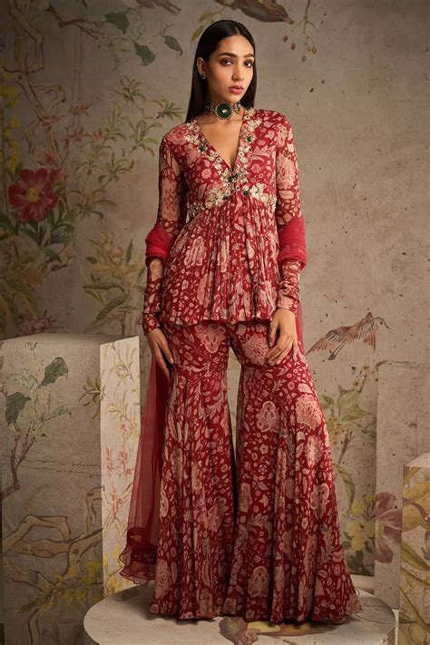 Awespring Peplum Sharara Set Peplum Designs Red Chiffon Gharara Designs