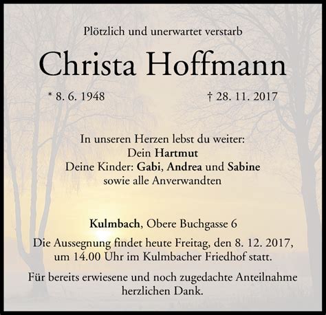 Christa Hoffmann Traueranzeige Trauer Infranken De