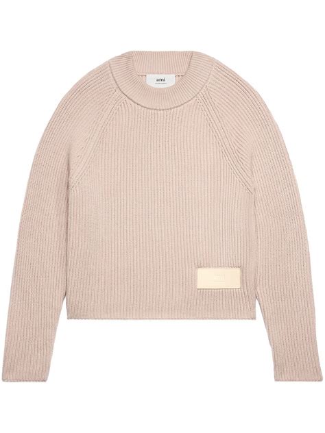 AMI Paris Logo Patch Knitted Jumper Pink FARFETCH TR