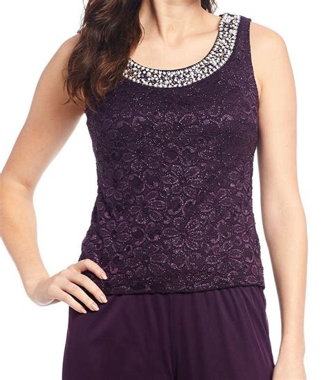 R M Richards Floral Glitter Lace Flyaway Beaded Scoop Neck Sleeve