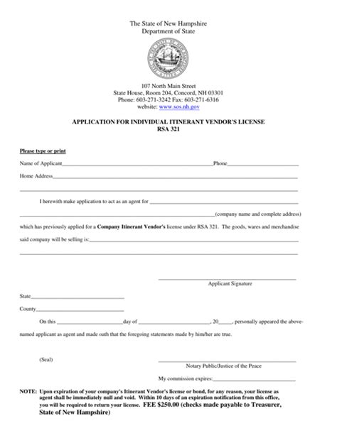 New Hampshire Application For Individual Itinerant Vendor S License