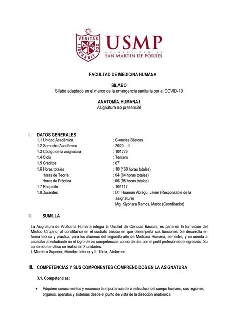 Silabo Anatomia Humana I 2020 II No Presencial FACULTAD DE MEDICINA