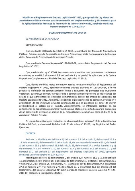 Pdf Modifican El Reglamento Del Decreto Legislativo N° 1012 Que Aprueba La Ley Marco De