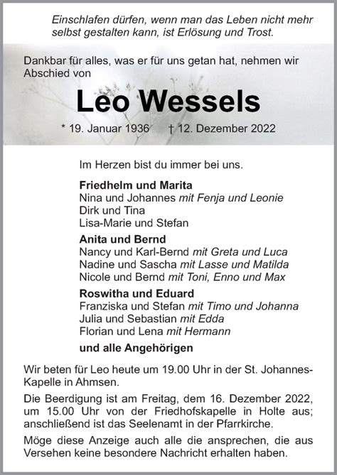 Traueranzeigen Von Leo Wessels Noz Trauerportal