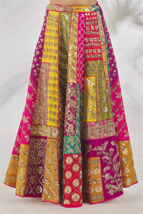 Buy Multi Color Dupion Silk Mirrorwork Embellished Patchwork Lehenga