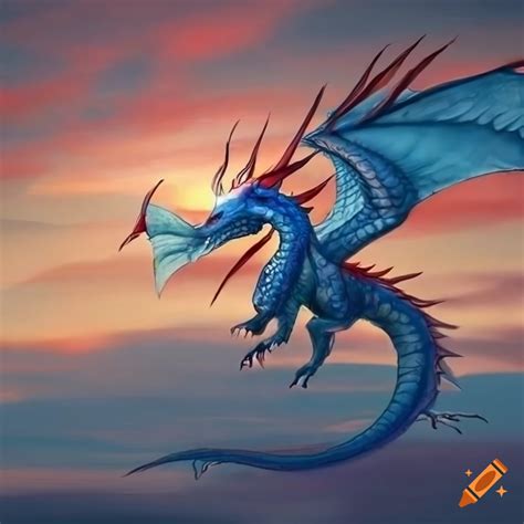 Fantasy Poster Of A Graceful Blue Dragon With Red Wings Soaring On Craiyon