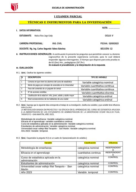 01 Exa Tii Sección C2 Examen Parcial De La Primera Unidad TÉcnicas E Instrumentos Para La