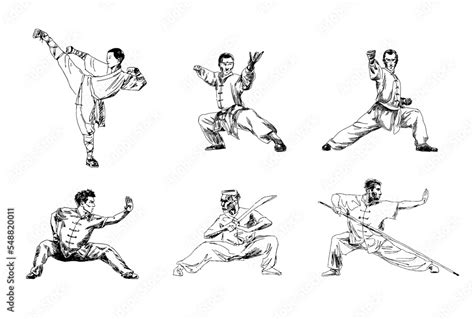 Set Of Hand Drawing Of A Man Showing Wushu Kung Fu Stance Editable