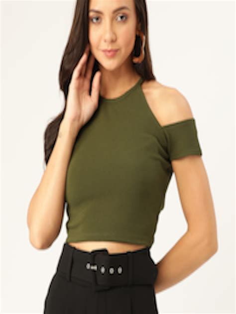 Buy Veni Vidi Vici Women Olive Green Cold Shoulder Solid Crop Top