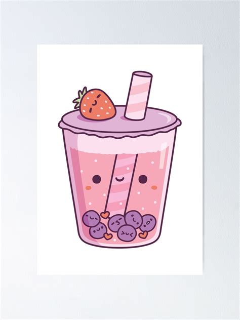 Kawaii Strawberry Milk Boba Tea Poster For Sale By Rustydoodle Redbubble