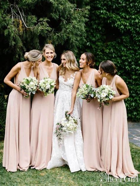 Simple V Neck Light Pink Bridesmaid Dresses Long Chiffon Maxi Dre Light Pink Bridesmaid