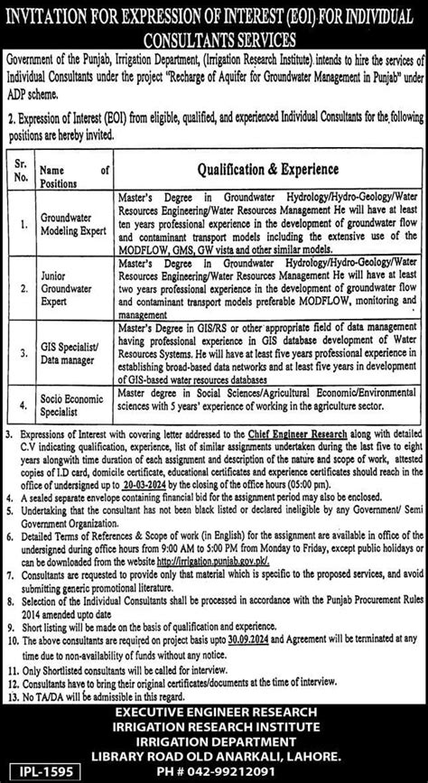 Punjab Irrigation Department Punjab Jobs