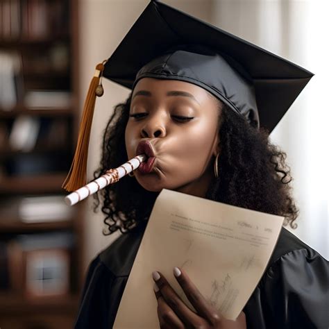 Jovem estudante afro americana em boné de formatura e vestido segurando