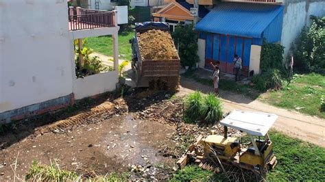 Start New Project Dozer D20P 5T Trucks Push Rock Soil On Flooded