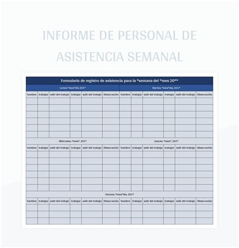 Plantilla De Excel Informe De Personal De Asistencia Semanal Y Hoja De