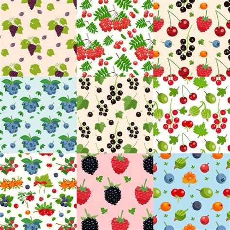 Free Vector Set Of Nine Seamless Berries Patterns