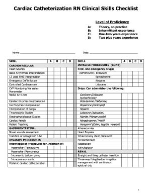 Cardiac Catheterization Rn Clinical Skills Checklist Form Fill Out