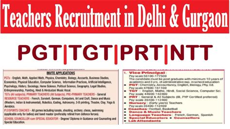 IN DELHI GURGAON NEW TEACHERS RECRUITMENT 2024 PGT TGT PRT NTT