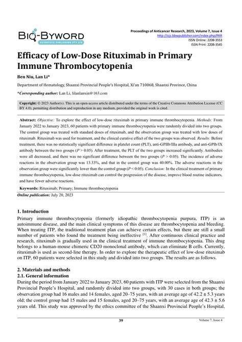 Pdf Efficacy Of Low Dose Rituximab In Primary Immune Thrombocytopenia