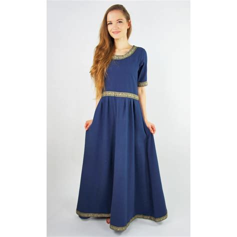 Blue Viking Dress With Intricate Embroidery Short Sleeves Viking