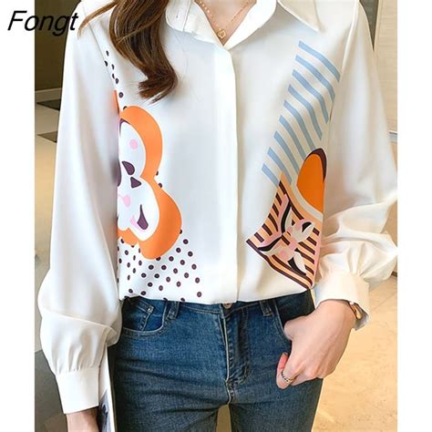 Fongt Han Queen Autumn Contrast Print Blusas Simple Office Lady Chiffon