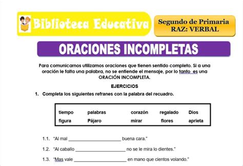 Oraciones Incompletas Para Segundo De Primaria Biblioteca Educativa