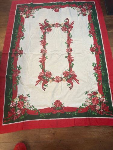 Vintage Christmas Tablecloth With Poinsettias Roses Holly Ribbons Ebay